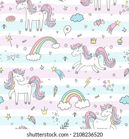 Seamless pattern with cute fairy unicorns. Perfect for kids apparel,fabric, textile, nursery decoration,wrapping paper.Vector Illustration. Creative childish background.