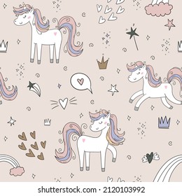 Seamless pattern with cute fairy unicorns. Perfect for kids apparel,fabric, textile, nursery decoration,wrapping paper. Vector Illustration. Creative childish background.