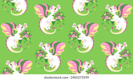 Seamless pattern with cute Fairytale Dragon and spring flowers on green background. Vector illustration in flat cartoon style. Nursery print for kids apparel, fabric, wrapping paper, wallpaper.