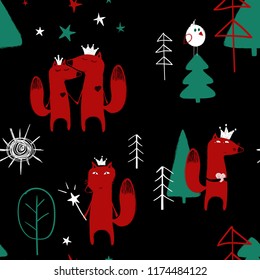 Seamless pattern with cute fairytale fox in the forest on a black background. 