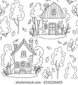 Patrón sin fisuras de lindas casas de cuento de hadas. paisaje de otoño acogedor, doodle libro para colorear