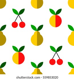 Seamless pattern with cute falling apples, cherry and pears in flat style. Vector seamless texture with fly apples, cherry and pears isolated on the white background.