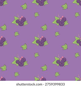 Seamless Pattern with Cute Family Black Currant Branch Kawaii Character on Purple Background. Cartoon Blackcurrant Mom, Dad and Baby Berry with Leaves. Vector illustration. Not AI