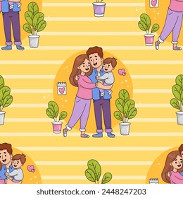 Seamless pattern with cute family. Happy man father hugs his wife and holds son in his arms on yellow striped background. Vector illustration in colored hand drawn doodle style