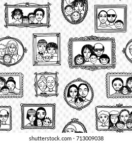 Seamless pattern of cute family pictures hanging on the wall, in black and white