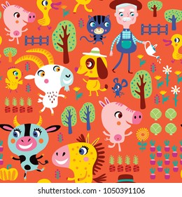 Seamless pattern with cute farm animals and farmer on an orange background. Childish vector illustration.