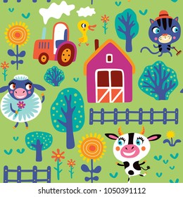 Seamless pattern with cute farm animals on a green background. Childish vector illustration.
