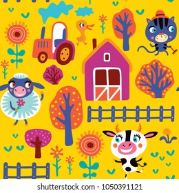 Seamless pattern with cute farm animals on a yellow background. Childish vector illustration.