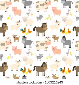 Seamless pattern with cute farm animals. Vector illustration.