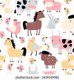 Seamless pattern with cute farm animals. Vector illustration in children style. Wrapping paper, kid textile, background design.