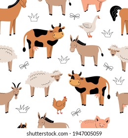 Seamless pattern with cute farm animals on a white background. Cow, donkey, sheep, horse, chicken, pig. Flat vector illustration