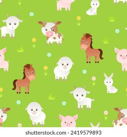 Seamless pattern with cute farm animals on green meadow. Babies background. Vector cartoon illustration.