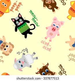 Seamless pattern with cute farm animals, including chicken, cat, pig, sheep, dog, and cow on yellow background