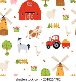 Seamless pattern of cute farm. Background of farm animals in flat style. Illustration with horse, cow, pig, sheep, barn, tavern, mill for Wallpaper, fabric, textile, wrapping paper design. Vector