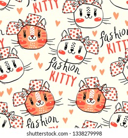 Seamless pattern with cute fase of cats and bows. Fashion kawaii kitty. Vector illustration.