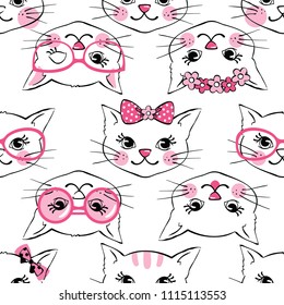 Seamless pattern with cute fashion cats isolated on white background. Design element for textile, fabric, scrapbooking, wallpapers. Vector illustration.