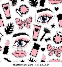 Seamless pattern cute fashion style. Set sign beauty makeup. Abstract cosmetic bottles and butterfly, face eye brow and lips hand drawing. Vector illustration is isolated on a white background.