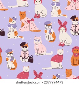 Seamless pattern with cute fashionable cats. Vector graphics.