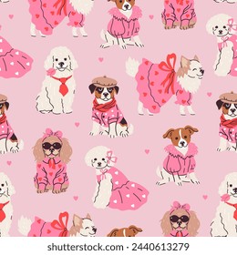 Seamless pattern with cute fashionable dogs in clothes. Vector graphics