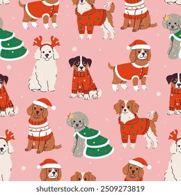 Seamless pattern with cute fashionable dogs in Christmas outfits. Vector graphics.