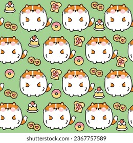 Seamless pattern of cute fat cat with bakery icon background.Chubby pet animal funny character cartoon design.Baby clothing.Strawberry cake,cookies,donut,bread.Meow lover.Kawaii.Vector.Illustration.