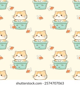 A seamless pattern of Cute fat cat in pot and goldfish in a playful and colorful design