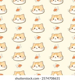 Seamless pattern of cute cute fat cat and goldfish cartoon animal faces