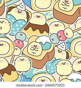 Seamless pattern of cute fat chicken sticker in dessert and sweet bakery concept background.Ice cream,crepe,roll cake,honey toast,dango.Farm animal character cartoon.Kawaii.Vector.Illustration.