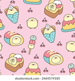 Seamless pattern of cute fat chicken in dessert and sweet bakery concept with cherry pink background.Ice cream,crepe,roll cake,honey toast,dango.Farm animal character cartoon.Kawaii.Vector.