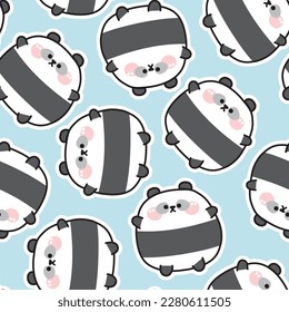 Seamless pattern of cute fat chubby panda bear sticker on blue background.Wild animal character cartoon design.Chinese animal.Funny character.Kawaii.Vector.Illustration.