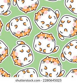 Seamless pattern of cute fat chubby cat sticker on green background.Pet animal character cartoon design.Meow lover.Baby clothing.Kawaii.Vector.Illustration.