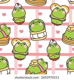 Padrão contínuo de sapo gordo gordo bonito gordinho com coração doce e sobremesa background.Big barriga animal engraçado personagem design.Image para tela de impressão, produto do bebê, decorado.Kawaii.Vetor.