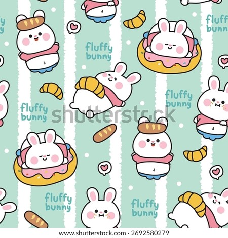 Seamless pattern of cute fat chubby rabbit bunny with sweet and bread background.Big belly animal funny character cartoon design.Image for Print screen,baby product,decorated.Kawaii.Vector.