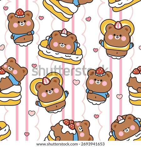 Seamless pattern of cute fat chubby teddy bear with strawberry cake background.Sweet and dessert bakery.Big belly animal funny character cartoon design.Image for Print screen,baby product,decorated