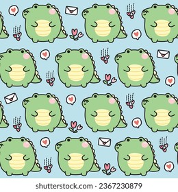 Seamless pattern of cute fat crocodile with icon on pastel background.Chubby reptile animal funny character cartoon design.Baby clothing.Heart,mail,flower hand drawn.Kawaii.Vector.Illustration.