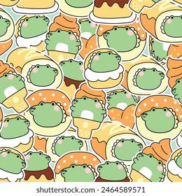 Seamless pattern of cute fat crocodile sticker in dessert and sweet bakery concept background.Ice cream,crepe,roll cake,donut,pudding.Reptile animal character cartoon.Kawaii.Vector.Illustration.