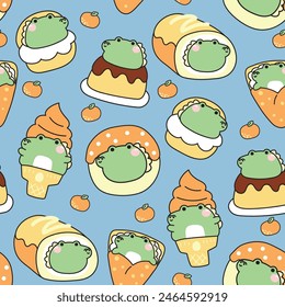 Seamless pattern of cute fat crocodile in dessert and sweet bakery concept with orange background.Ice cream,crepe,roll cake,donut,pudding.Reptile animal character cartoon.Kawaii.Vector.Illustration.