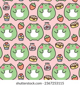 Seamless pattern of cute fat frog with bakery icon background.Chubby reptile animal character cartoon design.Baby clothing.Heart cookies,cupcake,strawberry,chocolate bread.Kawaii.Vector.Illustration.