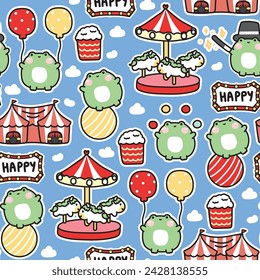 Seamless pattern of cute fat frog in amusement park concept.Chubby reptile animal cartoon character design.Clothing print screen.Festival.Carnival.Kawaii.Vector.Illustration.