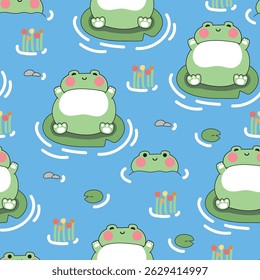 Seamless pattern of cute fat frog laying on lotus leaf with flower on the river jungle background.Forest.Nature.Animal reptile cartoon.Kawaii.Vector.Illustration.