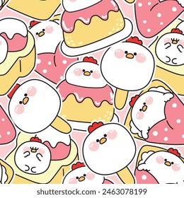 Seamless pattern of cute fat hen sticker in dessert and sweet bakery concept background.Ice cream,crepe,pudding,honey toast.Farm animal character cartoon.Kawaii.Vector.Illustration.