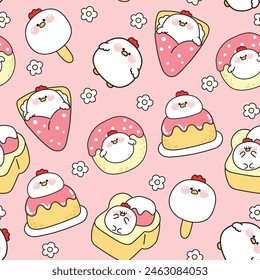 Seamless pattern of cute fat hen with flower in dessert and sweet bakery concept pink background.Ice cream,crepe,pudding,honey toast.Farm animal character cartoon.Kawaii.Vector.Illustration.