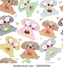 seamless pattern cute fat koala bear wear glasses eating donut and watermelon,illustration vector comic art.