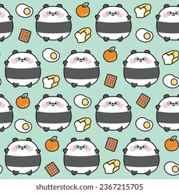 Seamless pattern of cute fat panda bear with food icon on pastel background.Chubby pet animal funny character cartoon design.Baby clothing.Fried eeg,orange,bread,crackers.Kawaii.Vector.Illustration.