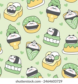 Seamless pattern of cute fat panda bear in dessert and sweet bakery concept with heart green background.Ice cream,crepe,honey toast,donut,pudding.Wild animal character cartoon.Kawaii.Vector.