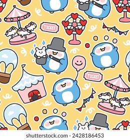 Seamless pattern of cute fat penguin in amusement park concept.Chubby bird animal cartoon character design.Clothing print screen.Festival.Carnival.Kawaii.Vector.Illustration.