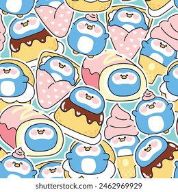 Seamless pattern of cute fat penguin sticker dessert and sweet bakery concept background.Ice cream,crepe,chucream,roll cake.Bird animal character cartoon.Kawaii.Vector.Illustration.