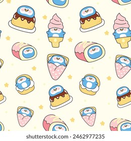 Seamless pattern of cute fat penguin with star in dessert and sweet bakery concept background.Ice cream,crepe,chucream,roll cake.Bird animal character cartoon.Kawaii.Vector.Illustration.