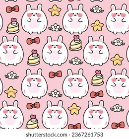 Seamless pattern of cute fat rabbit with icon background.Chubby rodents animal character cartoon design.Baby clothing.Bow,cake,flower,star.Bunny.Kawaii.Vector.Illustration.