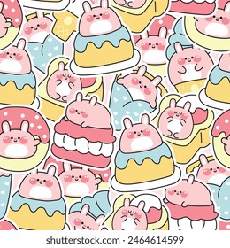 Seamless pattern of cute fat rabbit sticker in dessert and sweet bakery concept background.Ice cream,crepe,honey toast,donut,pudding,macaron.Animal character cartoon.Kawaii.Vector.Illustration.